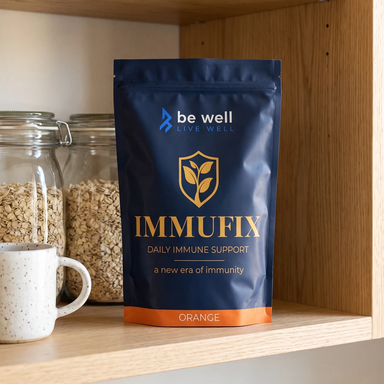 A pouch of Immufix on a kitchen shelf