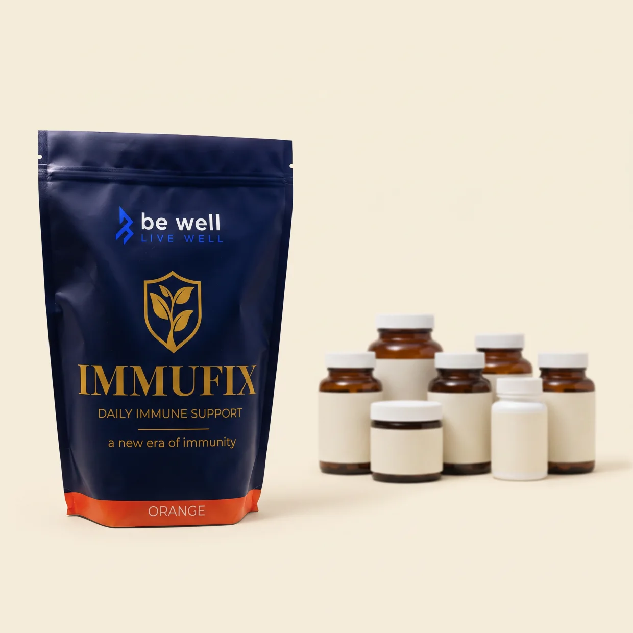 A pouch of Immufix beside a row of supplement tubs